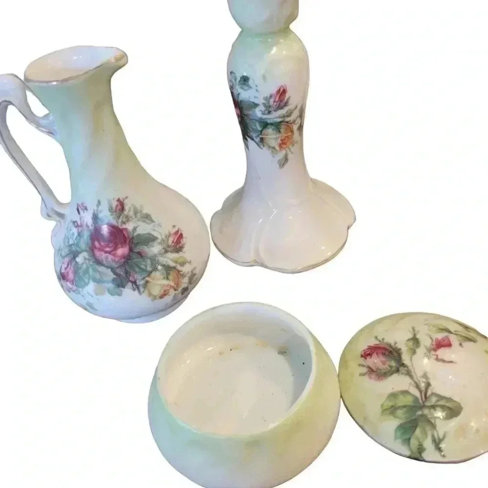 5 Piece Vintage Woman's Decorative Dresser Set floral  ceramic - Picture 4 of 8